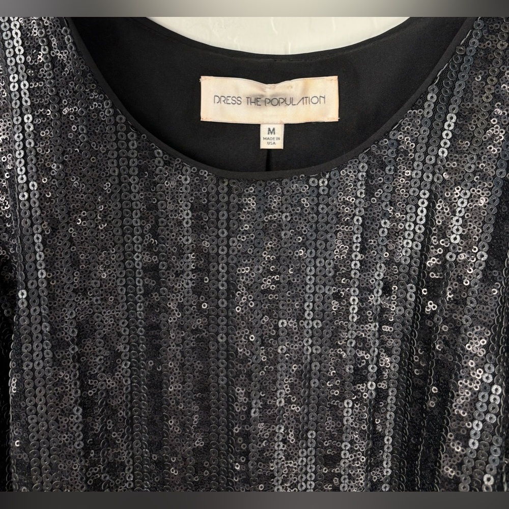Dress The Population Black Sequin Long Sleeve Mini Shift Dress Striped‎ M 0403 - Picture 4 of 8